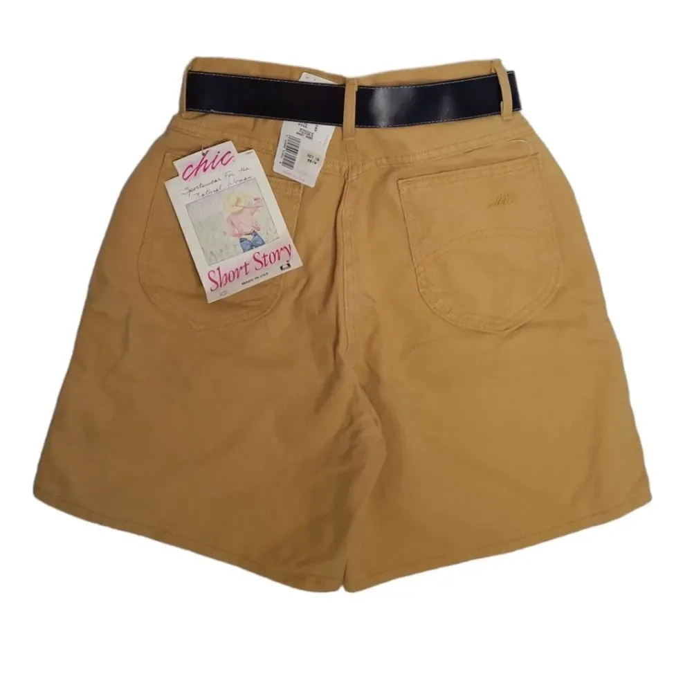 NEW Vintage 90s tan high waisted‎ belted baggy midi denim shorts S